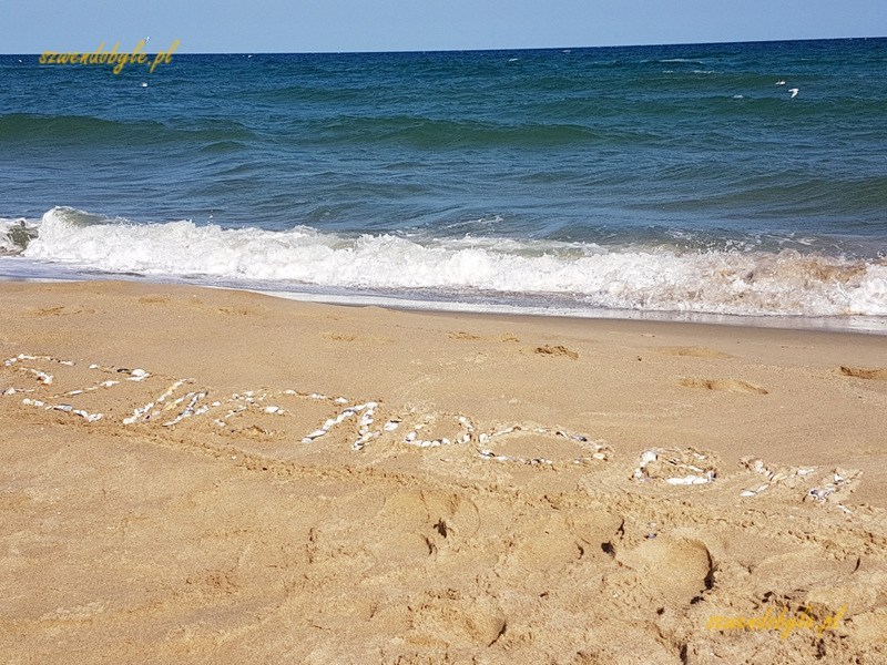 Plaża nad Morzem Czarnym w rejonie ujścia rzeki Kamczija. Na piasku napis SZWENDOBYLE ułożony z muszelek