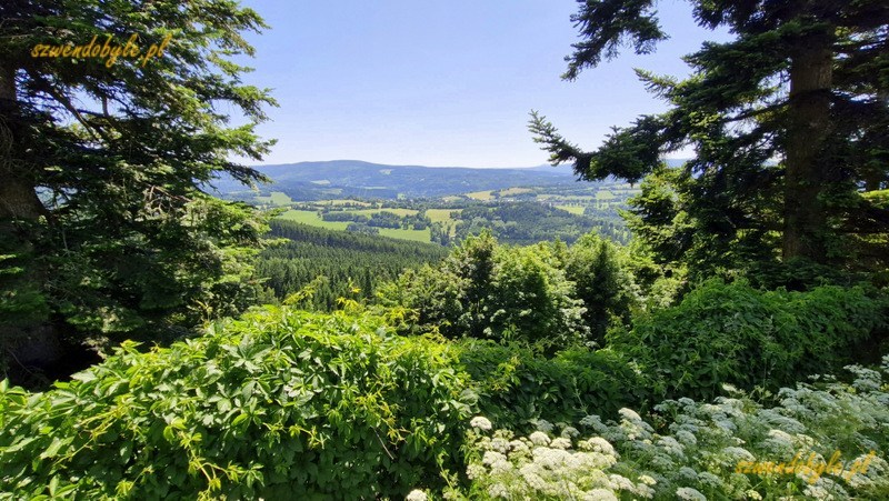 Czechy, Szumawa. Widok na okolicę z dziedzińca zamku Kašperk. 20250621_142119-ink