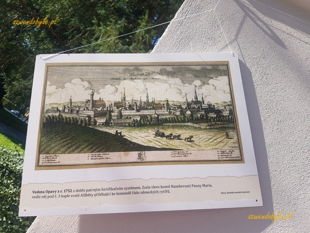 Opawa, reprodukcja szkicu przedstawiającego panoramę miasta z roku 1752.