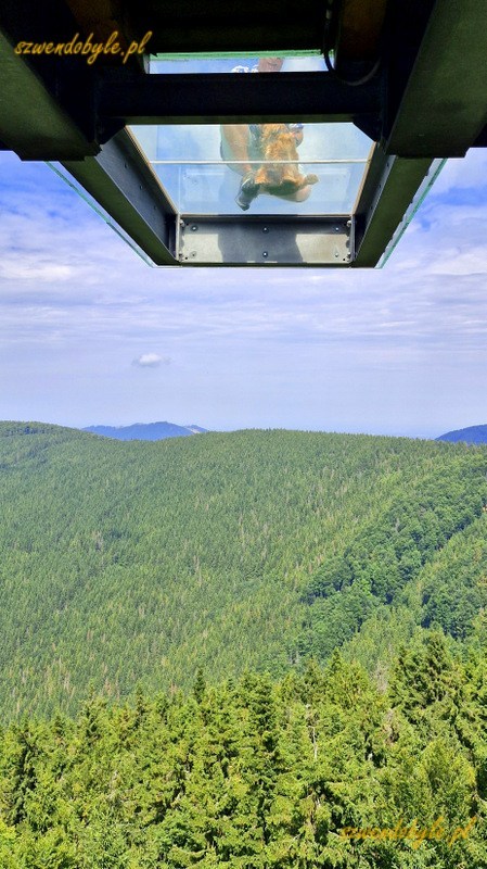 Czechy, Beskid Morawsko-Śląski,Stezka Vala&scaron;ka. Widok z dołu na szklany balkon, ktoś siedzi na szklanej podłodze. 20250809_135428-ink