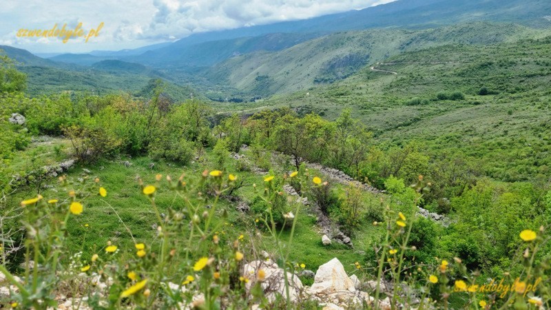 Czarnogóra, łąki na zboczach gór widoczne z drogi do monastyru Ostrog. 20250426_130733-ink
