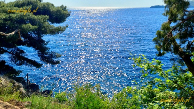 Czarnogóra, Sveti Stefan. Widok na wody Adriatyku i nadmorską zieleń. 20250502_154709-ink