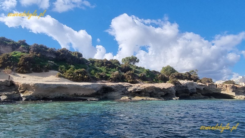 Malta, Marsaxlokk. Skalisty brzeg oraz roślinność widoczne z łodzi.