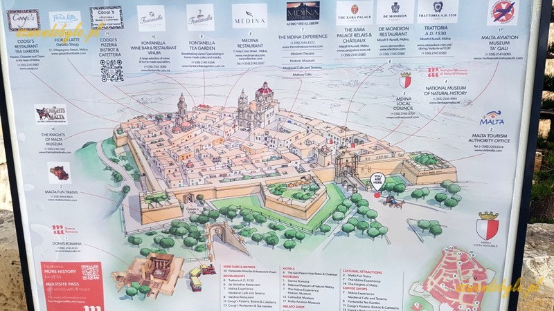 Mdina, plan miasta-twierdzy.