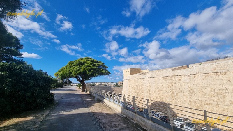 Mdina, widok zewnętrzny na mury od strony parku.