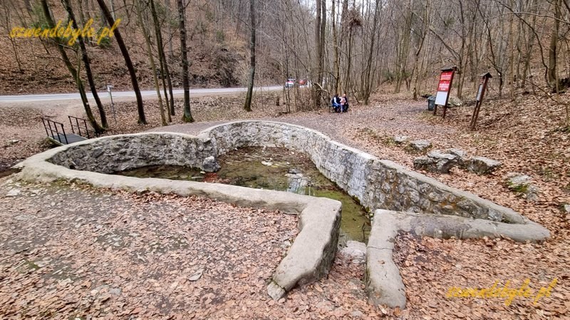 Małopolska, ż&oacute;łty szlak z Krzeszowic. Źr&oacute;dło św. Eliasza, zbiornik wodny w kształcie serca. 20260315_142347-ink
