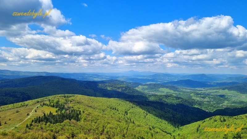 Mogielica, Beskid Wyspowy - widok z wieży w kierunku Polany Stumorgowej. 20250525_104924-ink