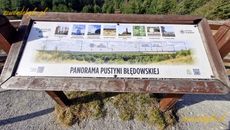 Małopolska, Pustynia Błędowska. W punkcie widokowym Czubatka umieszczono tablicę z informacją o widocznych obiektach i miejscowościach. 20260308_104113-ink