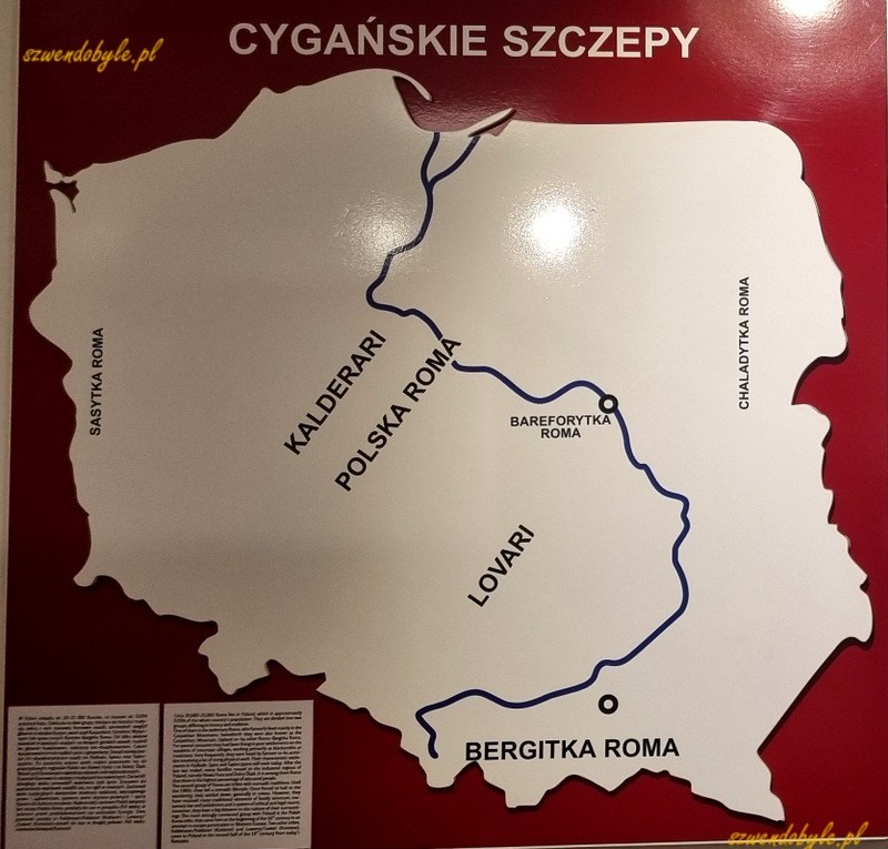 Muzeum Entograficzne w Tarnowie. Konturowa mapa Polski,na której zaznaczono nazwy szczepów cygańskich / romskich w regionach, w których zamieszkują.