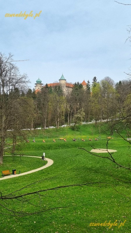 Widok na wieże zamku z parku nad potokiem Leksandówka. 20240401_125337-ink