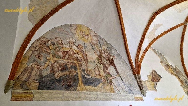 Góry Świętokrzyskie - Łysa Góra. Dawny klasztor benedyktynów, Bazylika mniejsza pw. Trójcy Świętej i sanktuarium relikwii Drzewa Krzyża Świętego. Zachowane fragmenty fresków na ścianach korytarzy klasztornych. 20250421_150436-ink
