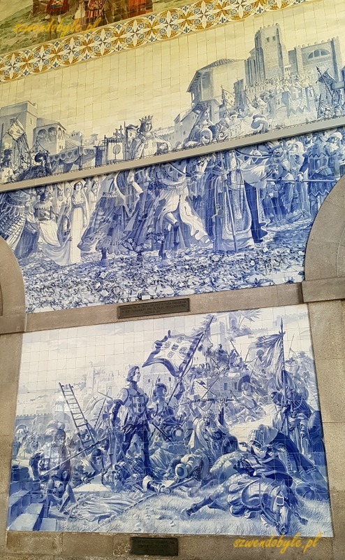 Porto, dworzec São Bento. Wnętrze dworca, płytki azulejos. W górnej części ślub króla Dom João I z Filipą de Lencastre. Poniżej scena zdobycia Ceuty przez Henryka Żeglarza.